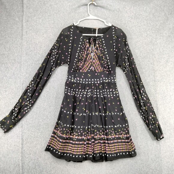 free people Coryn Open Back Dress Womens Sz 2 Black Multi Dot Long Sleeve Cutout - Picture 1 of 12